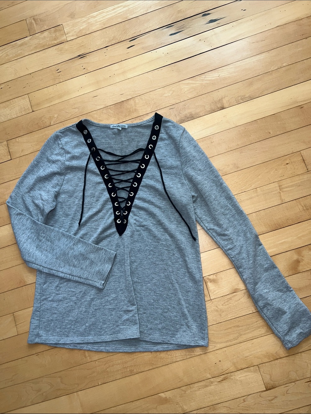 Charlotte Russe Light Grey Long Sleeve Top with Black Lace-Up V-Neck